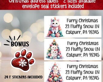 Cat Christmas tree return address labels, address label for envelope addressing, FREE envelope paw print seal stickers, snail mail stickers