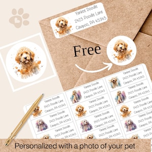 May include: Sheet of address labels featuring watercolor illustrations of a Goldendoodle dog. Each label includes the text "Yankee Doodle" and an address. The words "Free" and "Personalized with a photo of your pet" are also visible.