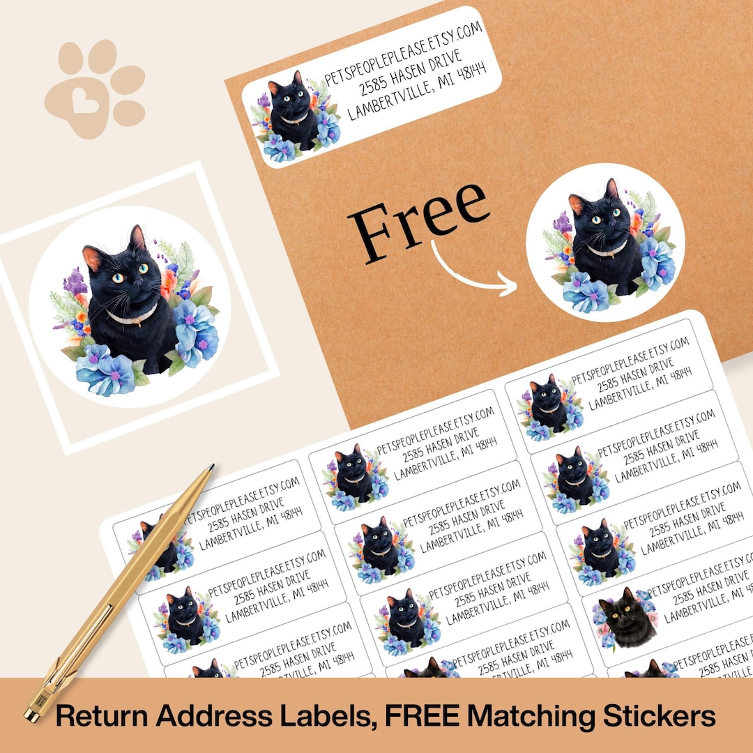 Black Cat Floral Return Address Labels, Envelope Seal Stickers - Etsy