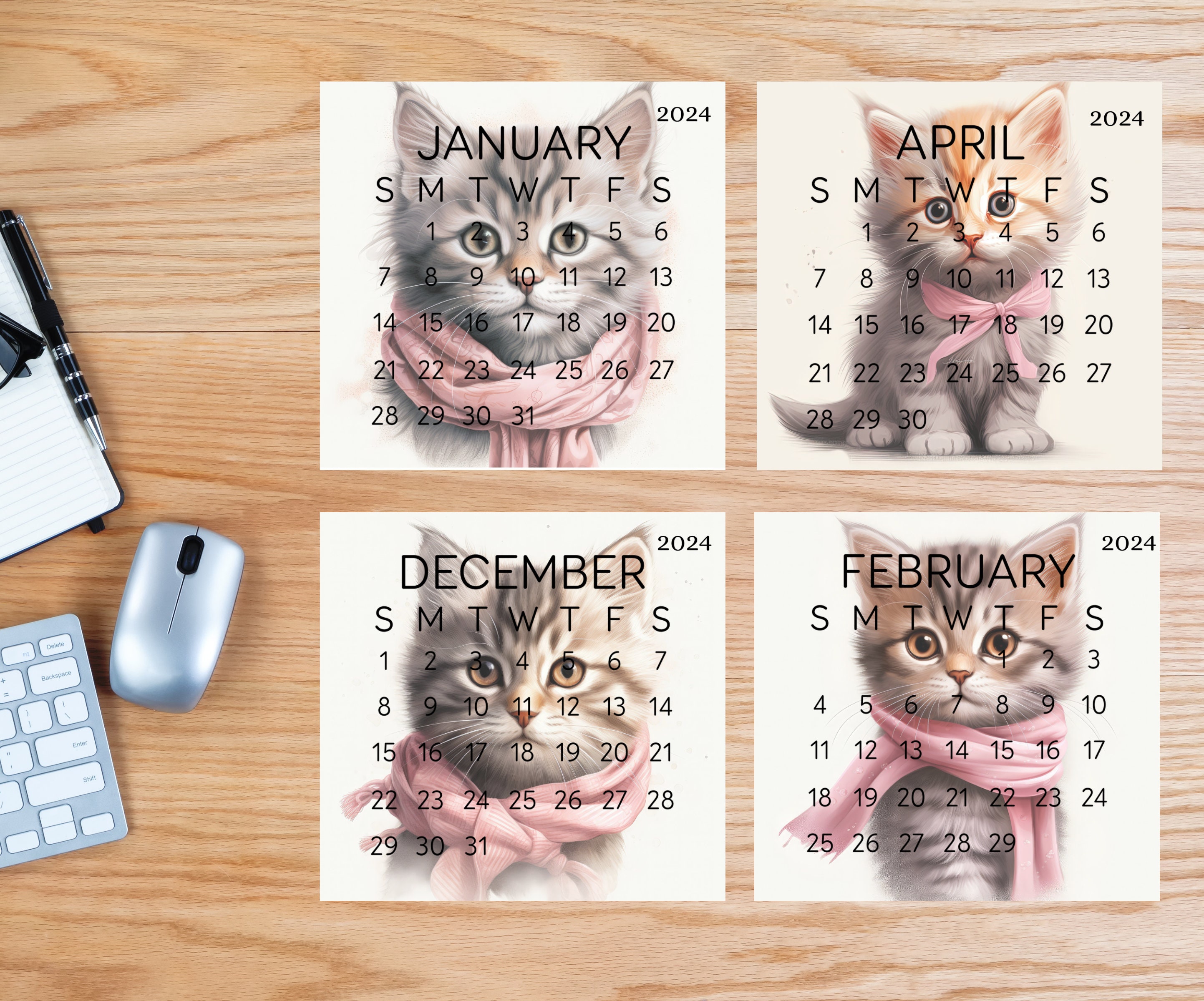 Small Desk Calendar Kitten Optional Wood Stand Mini Cat Calendar Cat