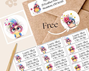 Colorful Bird Address Labels with FREE Envelope Seal Stickers, Cute Round Sticker Sheets, Whimsical Stationery Gift for Bird Lovers, Quirky