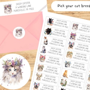Custom Cat return address label stickers - round cat planner stickers - envelope seal stickers - snail mail -personalized font address label