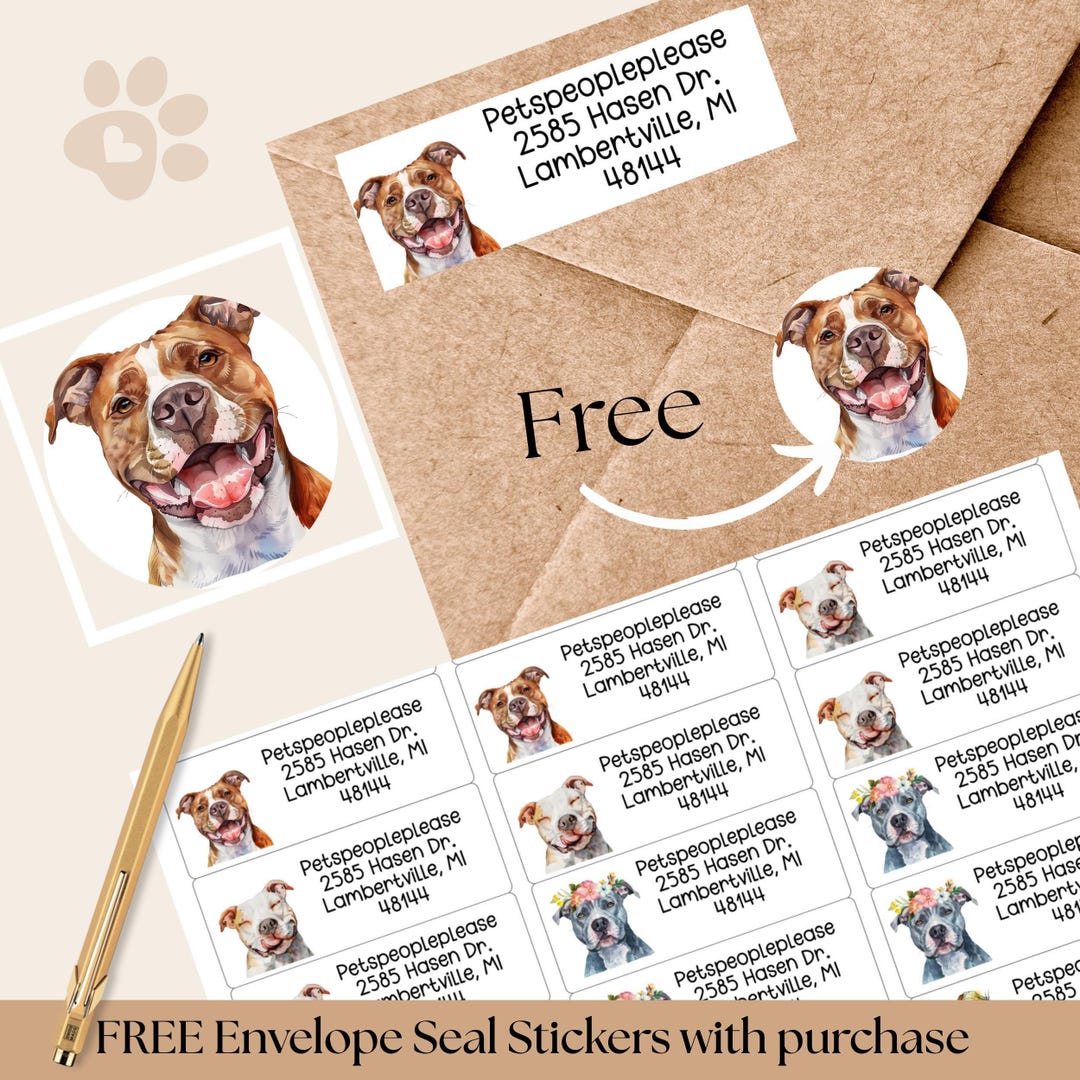 Mailing Labels Dogs Custom Pitbull Return Address Labels, Watercolor Art Cute Dogs, FREE ...