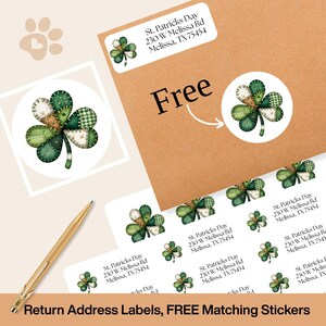 May include: Return address labels and matching stickers featuring a shamrock design. The labels and stickers have a white background with a green, white, and beige shamrock. The labels include the text "St. Patricks Day 230 W Melissa Rd Melissa, TX 75454".