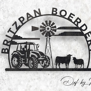 May include: Black metal silhouette of a farm scene with a tractor, windmill, cows, and sheep. The text "Britzpan Boerdery" is written in a circular arc above the scene.