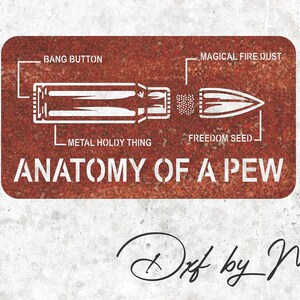 Könnte beinhalten: Ein rostiges rotes Rechteck mit weißem Text, der "ANATOMY OF A PEW" lautet, und einem Diagramm einer Kugel mit Beschriftungen für die einzelnen Teile: "BANG BUTTON", "METAL HOLDY THING", "FREEDOM SEED" und "MAGICAL FIRE DUST".