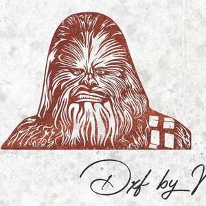 May include: A rusty red metal silhouette of Chewbacca, a fictional character from the Star Wars franchise. The silhouette is cut out of metal and has a distressed, rusty look. The image is signed "Dxf by Medi" in the bottom right corner.
