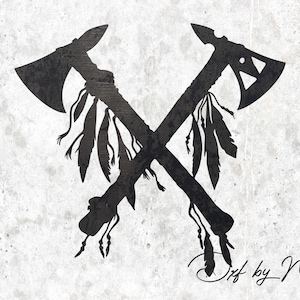 May include: Two crossed tomahawks with feathers, a traditional Native American symbol. The tomahawks are black and the feathers are white.