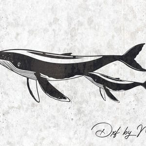 May include: Black and white illustration of two whales on a textured gray background. The larger whale is positioned above a smaller whale, both with detailed linework. The image includes the text "Dxf by Medi" in a cursive font.