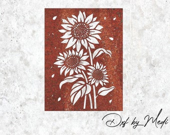 May include: A metal wall art piece featuring a design of three white sunflowers with stems and leaves on a rusty red background.