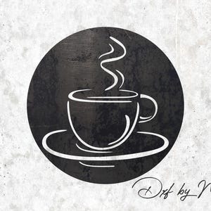 Könnte beinhalten: Eine Schwarzweißillustration einer Kaffeetasse mit aufsteigendem Dampf auf einem schwarzen runden Hintergrund.