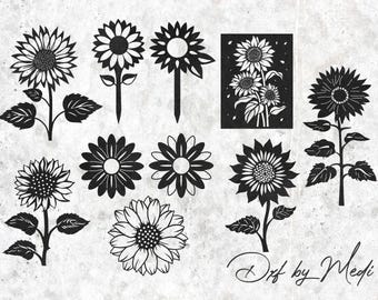 May include: A set of ten black and white sunflower silhouette illustrations. The sunflowers are in various stages of bloom and are arranged in a random pattern. The illustrations are perfect for crafting, scrapbooking, or digital design.