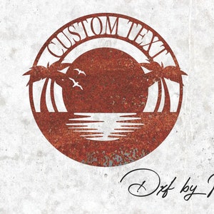 May include: A rusty red metal circle with a sunset, palm trees, and the text "CUSTOM TEXT".