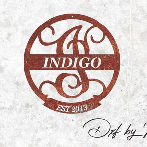 May include: A rusty red metal circle with a stylized letter "S" in the center. The word "INDIGO" is written across the center of the circle. The text "EST 2013" is written below the circle.