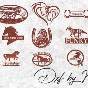 May include: A collection of nine metal horse and horseshoe designs, including a heart-shaped design with two horses, a horseshoe with a horse's head inside, a horseshoe with the word "Scream" on it, a horse running with the word "Funky" below, a horse with the words "Your Name Here" below, a horse with the word "Thunder" below, a horse with the word "Spencer" below, a horse with the word "Brelin" below, and a horse running in a circle with a tree in the background.