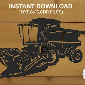May include: Black silhouette of a combine harvester with the text "INSTANT DOWNLOAD" and file type options. The image features a detailed illustration of the agricultural machine, set against a wooden background.