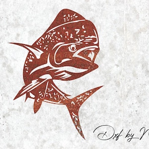 May include: A rusty red metal silhouette of a fish jumping out of the water. The fish is detailed with scales and fins. The background is a light gray concrete texture.