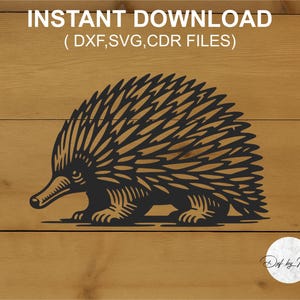 May include: A black echidna silhouette design with spiky quills, set against a wood grain background. The text "INSTANT DOWNLOAD (DXF, SVG, CDR FILES)" is at the top. A circular logo is in the bottom right corner.