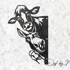 May include: Black metal silhouette wall art featuring a cow and a donkey peeking out from behind a wooden fence. The animals are facing each other and have a playful expression.