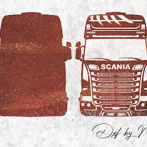 May include: A rusty red silhouette of a Scania truck cab, with the front and back views shown side-by-side. The front view shows the Scania logo and a grill.
