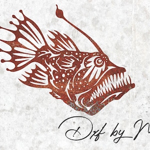 May include: A rusty red silhouette of a deep sea anglerfish with a large mouth and a long, thin lure. The fish is set against a white, textured background. The text "Dxf by Medi" is written in black cursive below the fish.
