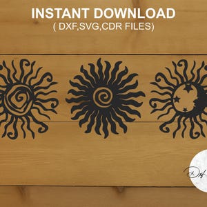 Pode incluir: Designs pretos de sol e lua com detalhes intrincados, perfeitos para projetos de arte digital. A imagem apresenta três desenhos celestiais: dois sóis e um sol com uma lua crescente e estrelas. O texto "INSTANT DOWNLOAD" está no topo.