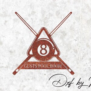 May include: A rusty-colored metal sign featuring a pool table theme. The design includes a triangle rack holding the number 8 ball, two crossed pool cues, and the text "GUSTS POOL ROOM". The sign is set against a textured, off-white background.