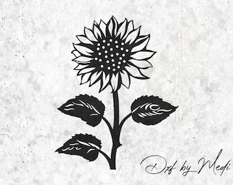 May include: Black and white silhouette of a sunflower with a stem and leaves. The sunflower has a large, round center with many small petals.