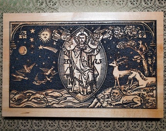 Christ, King of Creation Maple Wood Icon Engraving Handpainted with Animals, Sea and Sky