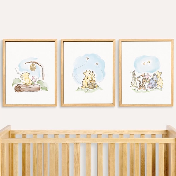 Set van drie Winnie de Poeh aquarelafdrukken, aquarel Winnie de Poeh kinderkamer kunst aan de muur, Poeh digitale download