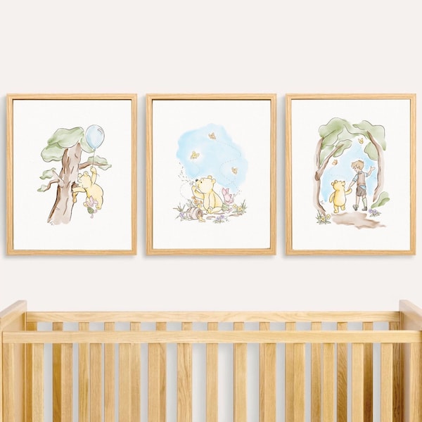 Winnie the Pooh Watercolour Print Set, Watercolour Winnie the Pooh Nursery Wall Art, Pooh Digital Download