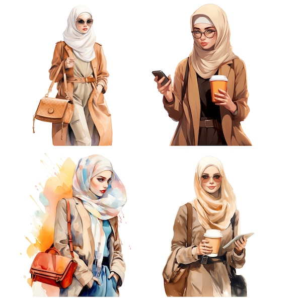 Muslim Girl SVG, PNG, Hijab Clipart, Hijabi Watercolor Art, Digital Prints, Fashion Girl, Modest