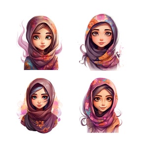 Muslim Hijabi Girl Clipart, Muslima Women Watercolor Art, Islamic Art, Muslim Anime Girl, Muslim Cartoon, Hijab Girl PNG, SVG