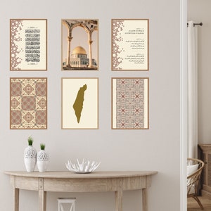 Lot de 6 oeuvres d'art murales islamiques, motif géométrique, carte de la Palestine, impression d'Al Aqsa, Ayatul Kursi, affiche du Coran Ihlas Falaq Nas, calligraphie arabe