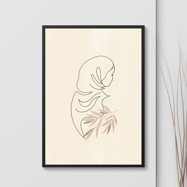 Printable Islamic Line Art Beige / Hijabi Woman Line Art Print / Muslim Woman Flowers / Modern Islamic Wall Art / Muslim Gift / Earth Tone