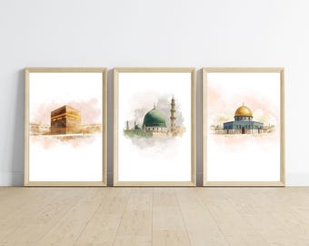 Set of 3 Islamic Masjid Posters, Kaaba Masjid An Nabawi Al Aqsa Wall Art (Digital Download)