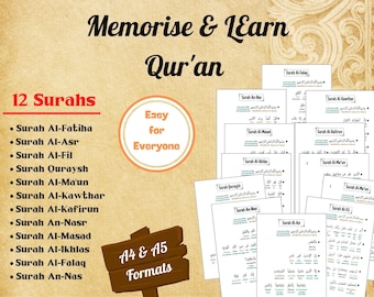 Facile à apprendre et à mémoriser GRATUITEMENT / Sourate du Coran imprimable / Pour les étudiants, les enfants et les adultes avec des impressions faciles avec la signification mot à mot