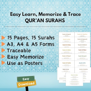 Quran Surahs Printable Poster: Easy Learn, Trace & Memorize (Digital Download)