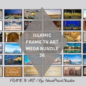 Puede incluir: Un collage de 36 imágenes con temática islámica para arte de televisión. Las imágenes presentan mezquitas, caligrafía y otros símbolos islámicos. El texto "ISLAMIC FRAME TV ART MEGA BUNDLE 36" se muestra en el centro del collage. El texto "FRAME TV ART / By: Nour Print Studio" se muestra en la parte inferior del collage.