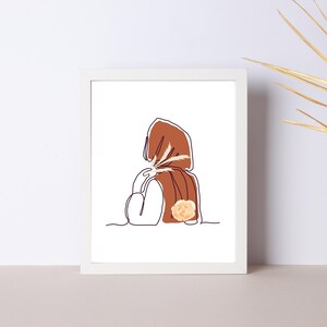 Arte islâmica para impressão / Arte de linha de mulher hijabi / Flores de mulher muçulmana / Arte de parede islâmica moderna / Presente muçulmano / Tons de terra