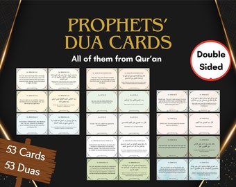 May include: A set of 53 double-sided cards featuring Islamic prayers or duas from the Quran. The cards are decorated with a green, white, and beige floral border. The text on the cards is in Arabic and English. The cards are labeled "53 Cards 53 Duas" and "Prophets' Dua Cards All of them from Qur'an".