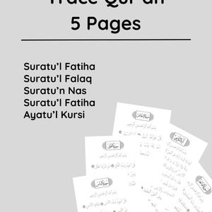 May include: Five pages of tracing sheets for practicing writing Arabic script. The sheets include the surahs Al-Fatiha, Al-Falaq, An-Nas, and Ayatul Kursi.