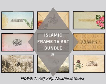 May include: A set of 9 Islamic frame TV art prints. The prints feature different Arabic calligraphy designs and backgrounds, including floral patterns, landscapes, and abstract designs. The prints are framed in black and are ready to hang.