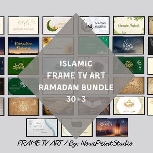 Puede incluir: Un collage digital de más de 30 diseños de arte de marco de TV con temática islámica para el Ramadán. Los diseños presentan varios colores, patrones y caligrafía, incluyendo lunas crecientes, mezquitas y linternas. El texto "ISLAMIC FRAME TV ART RAMADAN BUNDLE 30+3" se muestra en el centro de la imagen.