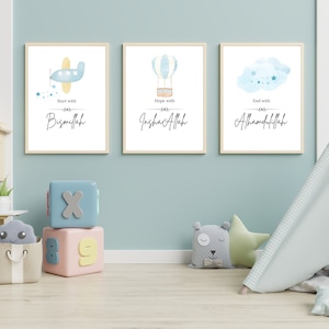 Set of 3 Islamic Nursery Wall Art Blue / Bismillah InshaAllah Alhamdulillah / Islamic Gifts for Kids / Baby Boy Art / Muslim Children Poster
