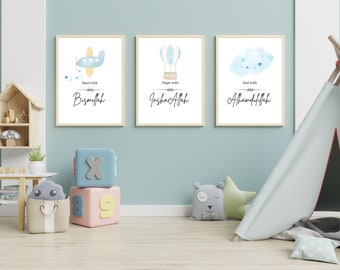 Set of 3 Islamic Nursery Wall Art Blue / Bismillah InshaAllah Alhamdulillah / Islamic Gifts for Kids / Baby Boy Art / Muslim Children Poster