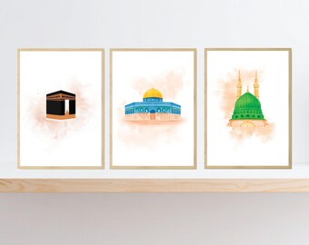 Islamic Mosques Poster Set – Masjid Aqsa, Kaaba, an-Nabawi (Digital Download)