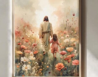 Jesus Walking with a Little Girl Print, Christian Watercolor Wall Art, Bible Faith Decor