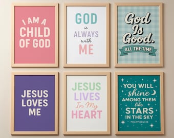 Christian Nursery Wall Art Set of 6, Girls Bible Verse Prints, Kids Room Decor
