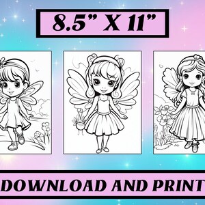 May include: Three black and white printable coloring pages featuring fairies with wings. Each fairy is wearing a dress and has a different hairstyle. The pages are 8.5 inches by 11 inches.